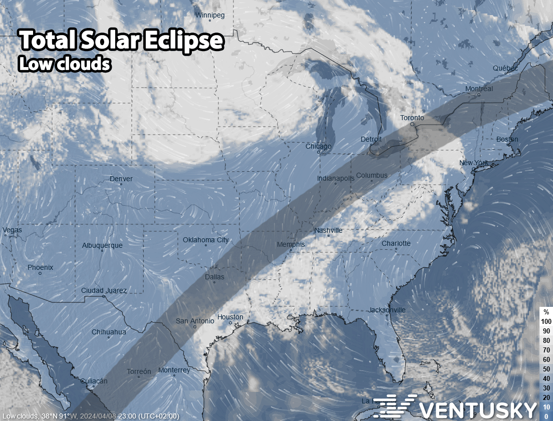The solar eclipse will begin shortly. The cloud forecast is favorable for most locations. 😍 It is particularly important to observe the forecast for low cloud cover, as high cloud cover may not obstruct the observation as significantly: ventusky.com/?p=38.2;-86.9;…☀️🌑