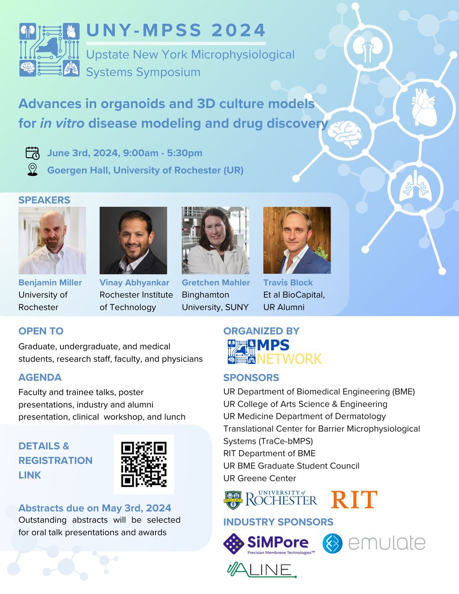 @UofRBME and the Microphysiological Systems (MPS) Network group invite you to the inaugural Upstate New York MPS Symposium (UNY-MPSS 2024) on 6/3/24! hajim.rochester.edu/bme/news-event… #Microphysiological #MPS #UNYMPSS2024 #biomedical #dermatology @UR_Med @RITBME @URCareerCenter