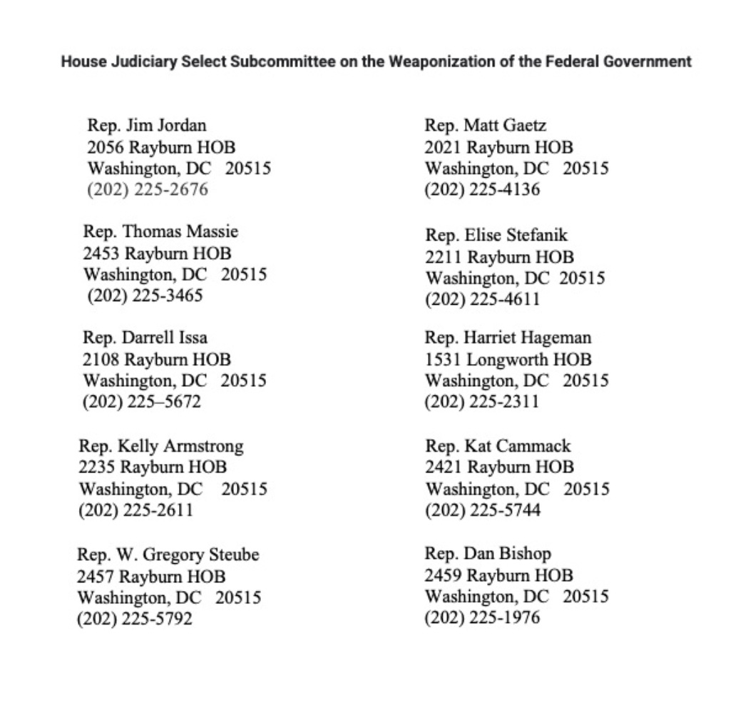 Call republican members of House Judiciary Select Subcommittee on the Weaponization of the Fed Govt to please cosponsor bi-partisan #HRes934 #FreeAssange #5CallsPerDay4Assange
Ask Chaiman @Jim_Jordan to call a hearing on the CIA abuses of #AssangeCase!
judiciary.house.gov/subcommittees/…