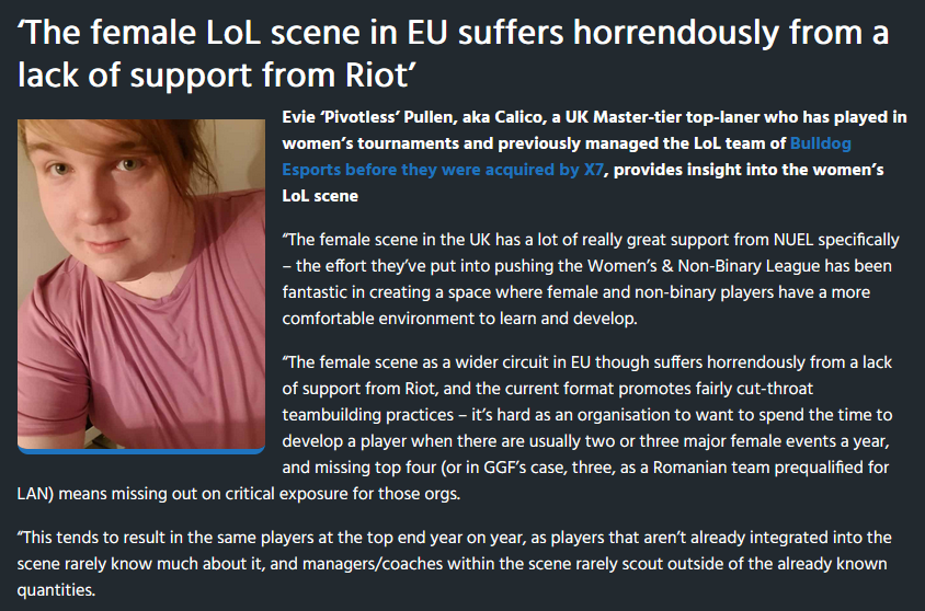 evie ๐ (@pivotless) on Twitter photo Funnily enough I've actually spoken about this in the past with <a href="/Esports_News_UK/">Esports News UK</a> - it's sad to see that little has changed, and in a lot of ways things have actually *regressed* for the scene's development. Funnily enough I've actually spoken about this in the past with <a href="/Esports_News_UK/">Esports News UK</a> - it's sad to see that little has changed, and in a lot of ways things have actually *regressed* for the scene's development.
