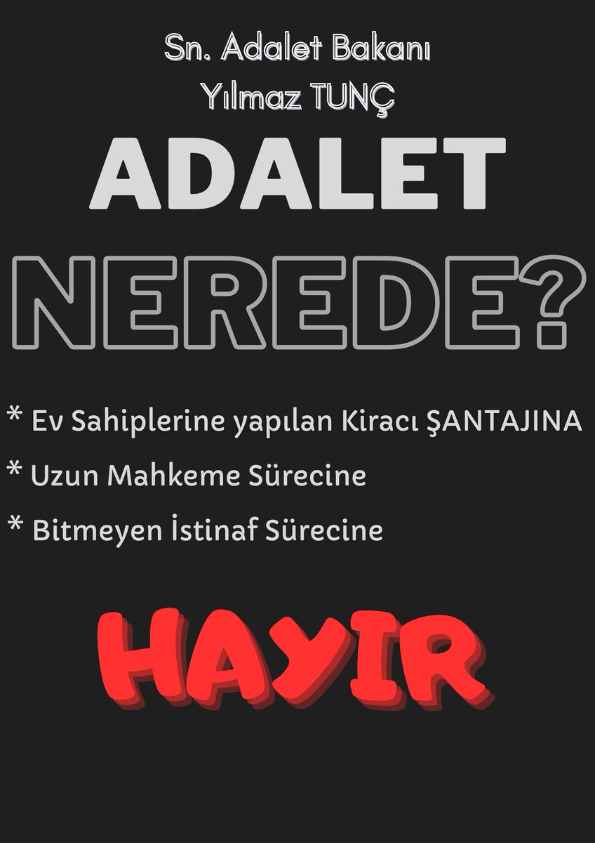 Ey Yetkili,
Ev sahiplerini uzun yargı ve BİTMEYEN İSTİNAF ile mağdur ederek toplumsal huzurun bozulmasının 1.Sorumlusu SENSİN.

SEN DE
*VİCDAN
*ADALETE İNANÇ
VAR MI?
#evsahibidertsahibioldu
#EvimvarHakkımyok  

@Akparti @herkesicinCHP @yilmaztunc @AvOzlemZengin @adalet_bakanlik