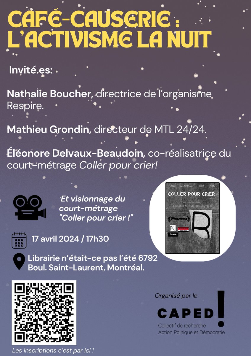 [RAPPEL CAFÉ-CAUSERIE L'ACTIVISME LA NUIT]

✊Comment milite-t-on la nuit ? Quels sont les usages de la nuit à Montréal ? 

Un événement à ne pas manquer, le 17 avril prochain, 17h30, à la superbe librairie n'était-ce pas l'été.