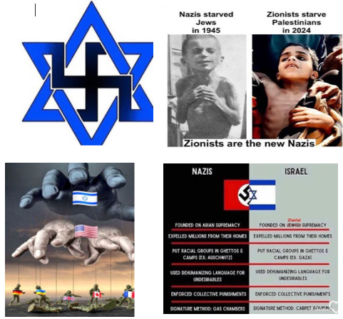 GlasgowFOI's tweet image. #Antisemitic images shared by Tom Arthur senior. 

Equating the #Jewish Magen David symbol with the #swastika; conflating alleged actions of #Israel with #Nazis and conflating both with #Zionism, a core Jewish and #Christian belief. If you hate Zionists, you hate 90% of #Jews.