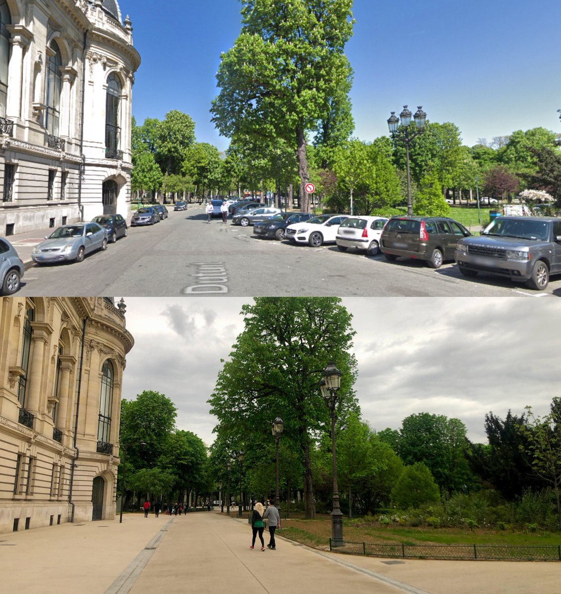 Avant / Après la piétonnisation de l'Avenue Dutuit dans le 8ème arrondissement de Paris. Avant, cette avenue était surtout un parking derrière le Petit Palais.