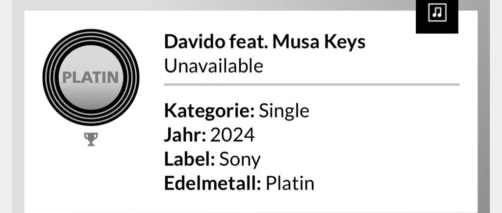 .@davido’s “Unavailable” w/@MusaKeyss is now certified Platinum in Switzerland 🇨🇭.