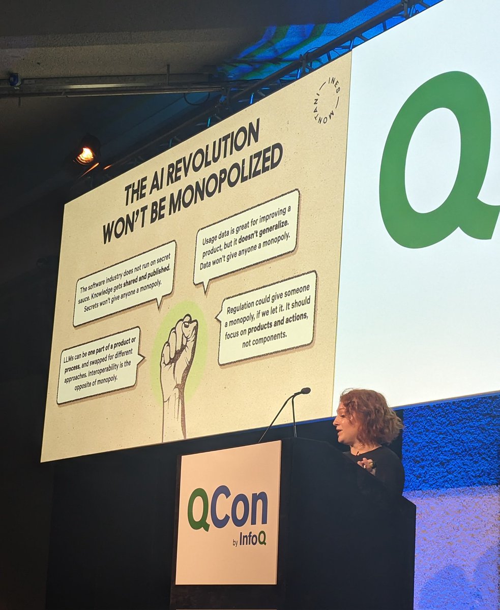 A really good talk and insightful point of view about AI revolution, I keep in mind that : 'Llms large generative models are often part of a product or a process, they're not just the product...' Here is the good start for the reflexion! @_inesmontani @qconlondon /@QCon