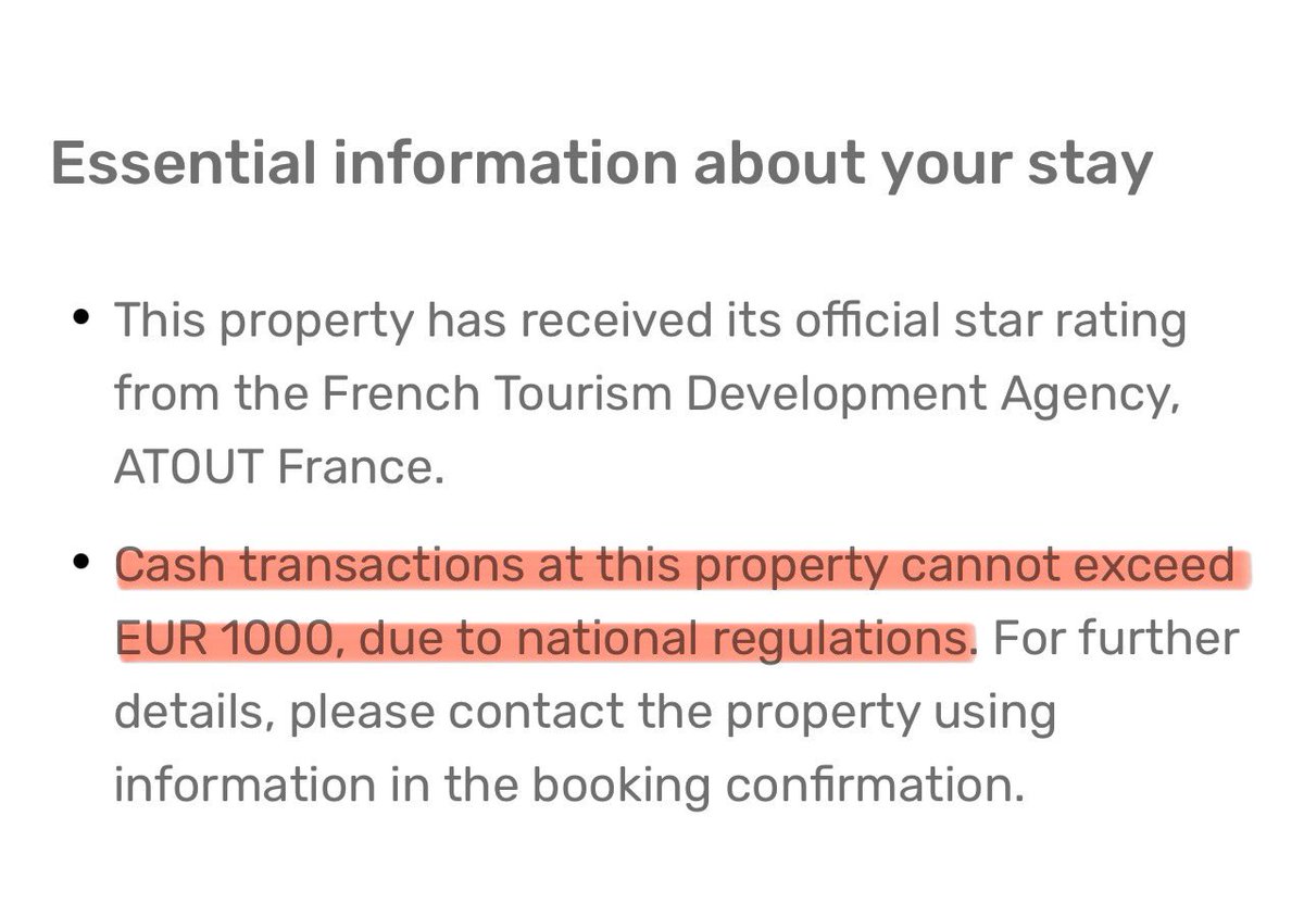 And you are telling me #CBDC’s aren’t on the way? 

I was booking a Hotel in Paris and found this: 

🔶 “Cash transactions at this property cannot exceed 1.000€ due to National 🇫🇷 Regulations.”👇  🤦‍♂️
