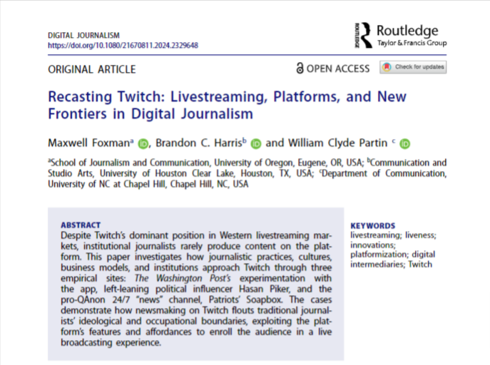ONLINE FIRST & OPEN ACCESS! What is the journalistic potential of Twitch? @MaxwellFoxman, @Harris216 and @william_partin find that creating news on Twitch challenges traditional boundaries and brings audiences into a live streaming experience. ➡️tandfonline.com/doi/full/10.10…