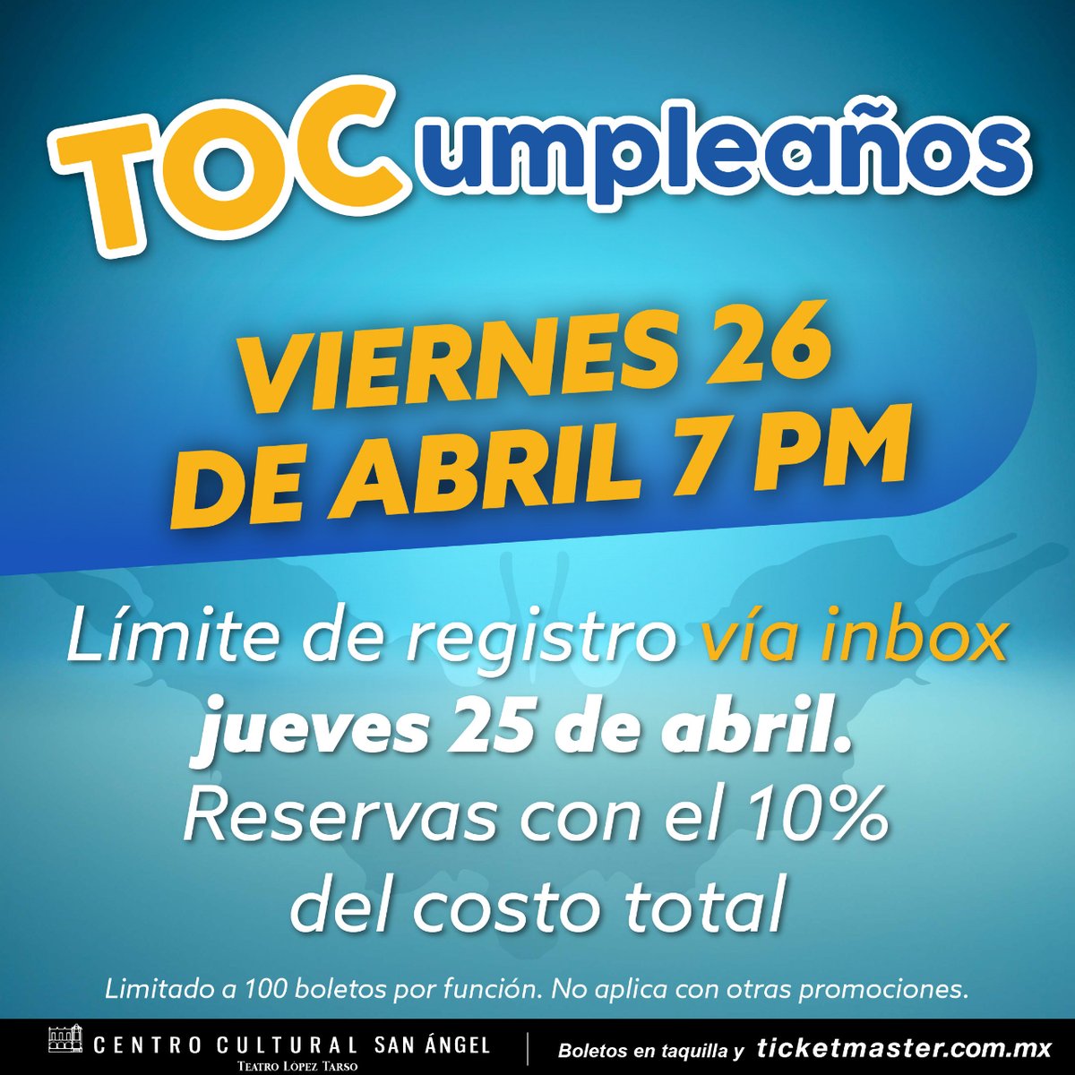 ¡ATENCIÓN! Si cumples en abril esta es tu oportunidad para celebrar en grande y volviéndote loco de risa con el maníaco y trastornado elenco de #TOCTOC 💊. 🎁 Centro Cultural San Ángel 🎈 Viernes 26 de abril 🥳 Función a las 7 p.m. 🎂 Regístrate por Inbox/DM