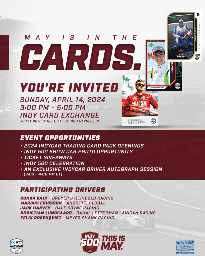 Join us this Sunday for an exclusive @IndyCar event! The autograph session from 3-4pm is FREE & you do not need to sign up to attend. @ParksideCards will be providing specially made cards for the drivers to sign! Limit of 1 autograph per person per driver. Don't miss out!