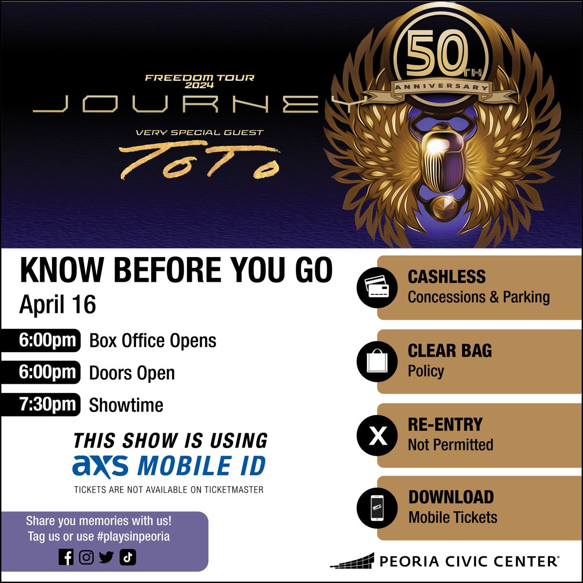 KNOW BEFORE YOU GO Journey will be in the Peoria Civic Center Arena on Tuesday! Here are some important reminders before you go to the show. More details at bit.ly/PCCKnowBeforeY…