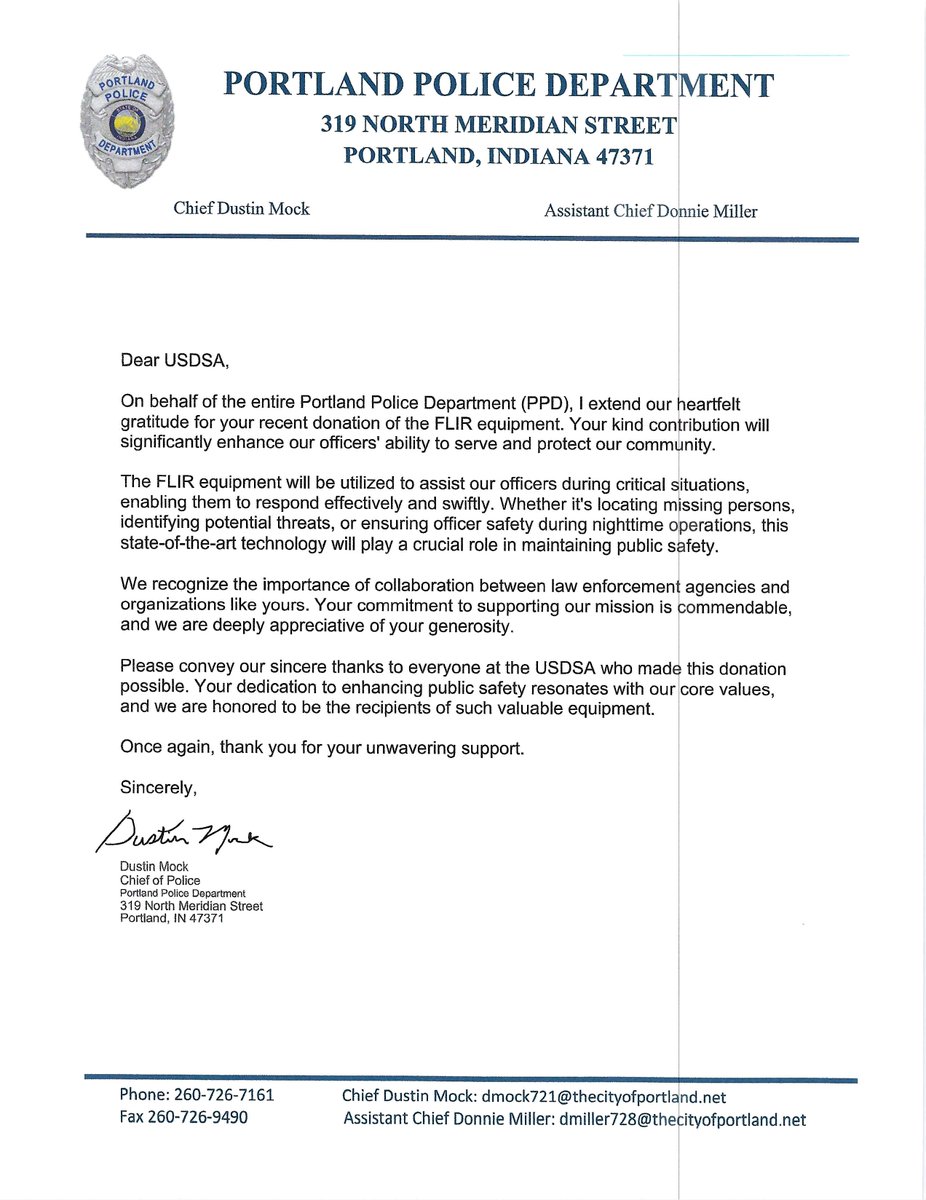 The USDSA awarded the Portland Police Department in Indiana with a FLIR.