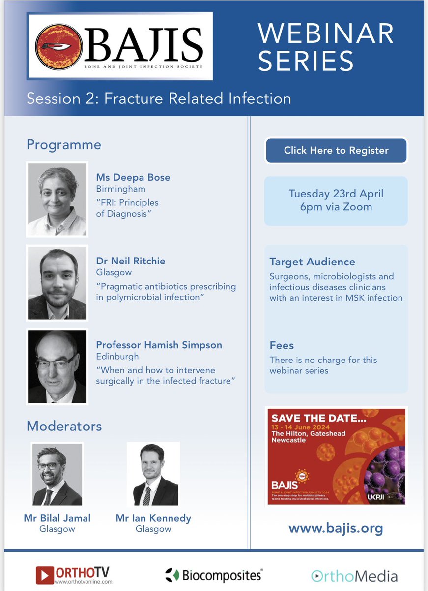 A high quality webinar in April covering fracture related infection. A superb UK faculty @deepamusafir1 @EdinOrthopaedic @BritOrthopaedic @LimbRecon Sign up below: us06web.zoom.us/webinar/regist…