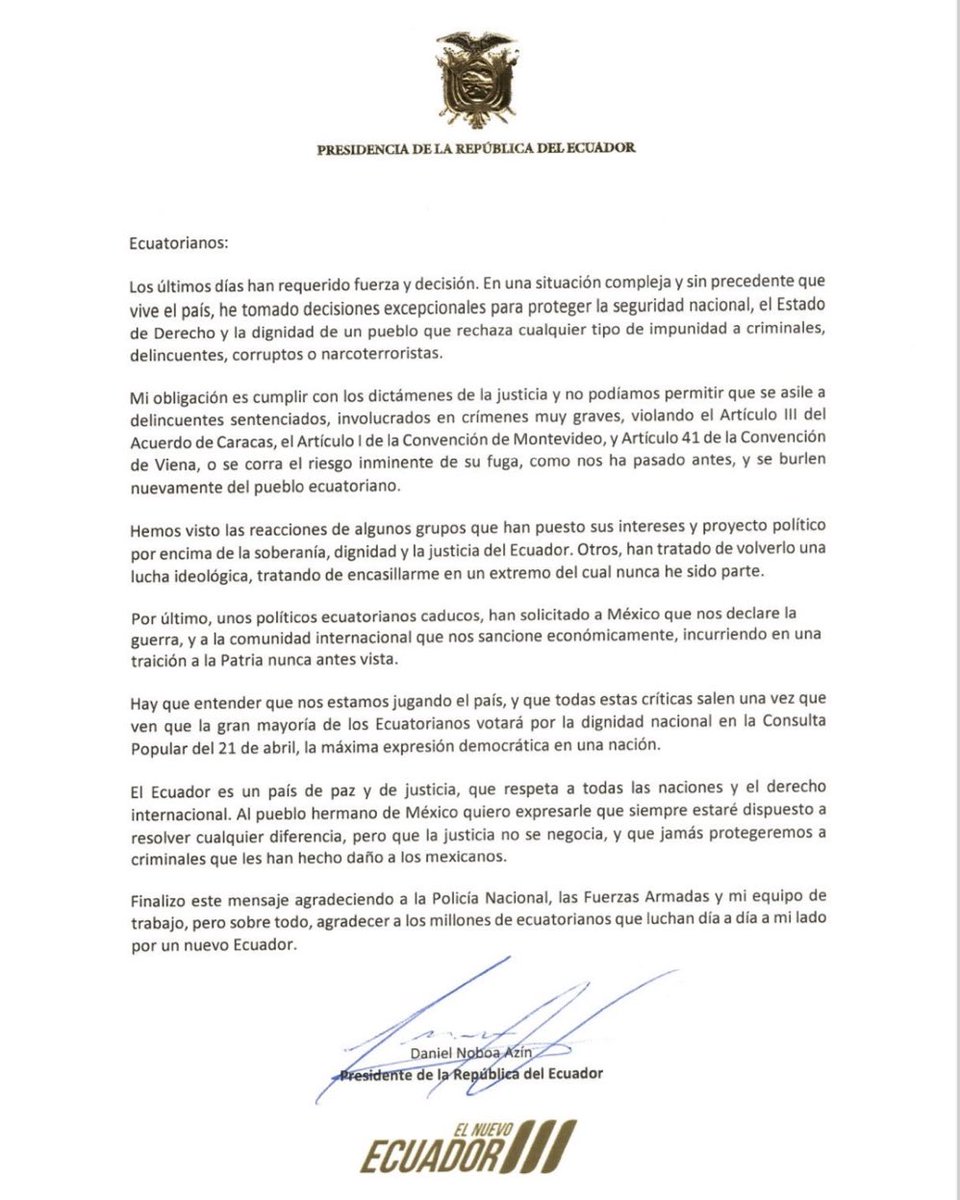 El Presidente de Ecuador, Daniel Noboa, saca un comunicado respecto a su asalto a la embajada de México. Y en lugar de crear un tono de diálogo culpa a México de 'asilar delincuentes y criminales'. La CELAC debe tomar cartas en el asunto.