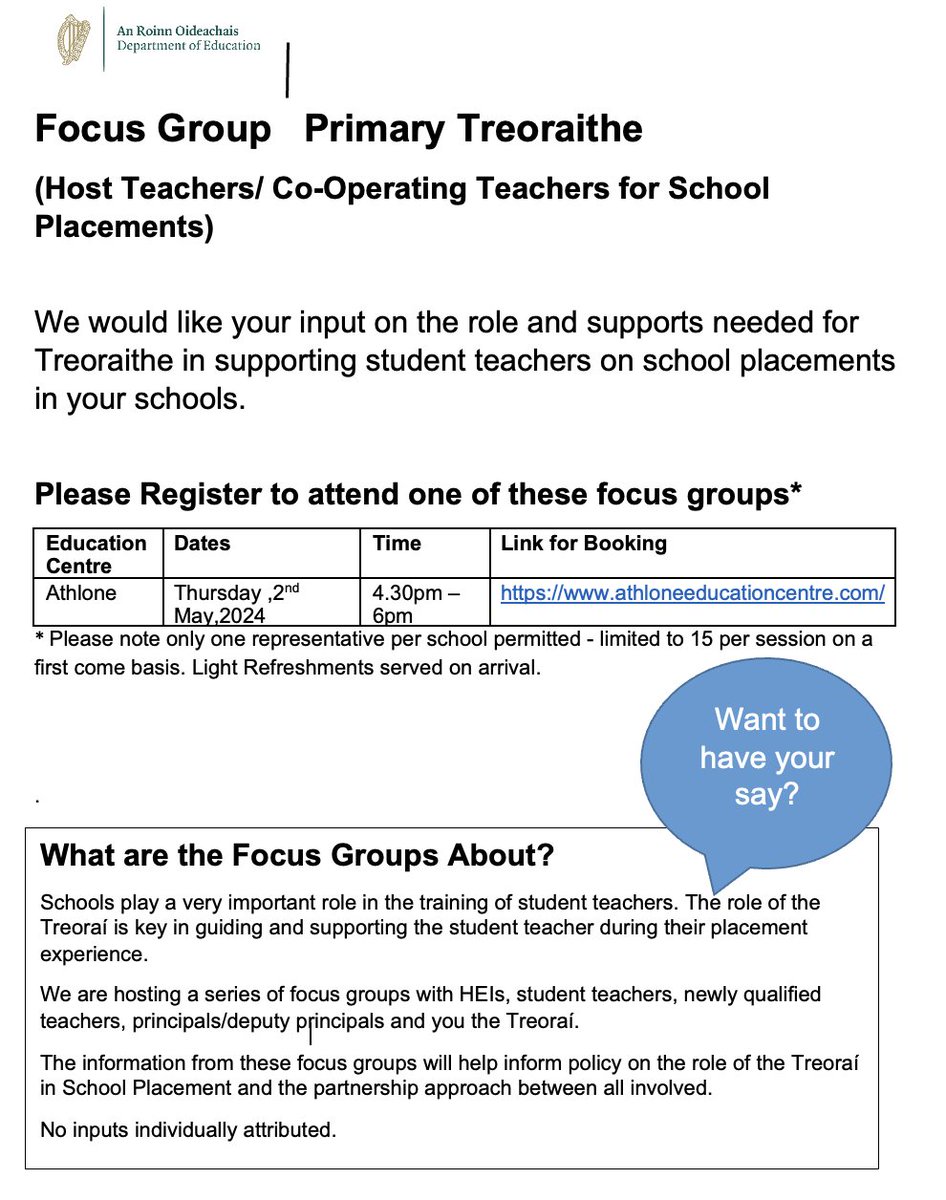 🌟 Attention Primary Treoraithe in Athlone! 🌟 We're seeking your expertise! Join our focus group to discuss the role & support needed for Treoraithe (Host/Co-Operating Teachers) in guiding student teachers during their placements. 📚💡 🗓️ 2nd May 🔗 athloneeducationcentre.com/cpd-courses/pr…