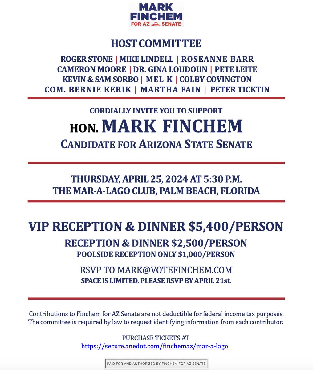 Join me, @realMikeLindell @therealroseanne Mel K & many more at Mar-a-Lago April 25 for a maor fundraising event, FinchemEvent.com. Price points for every budget, experience MAL!