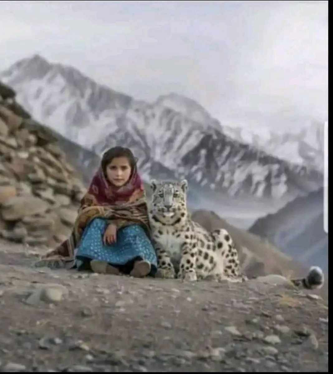 En una montaña de Afganistán una niña salvó a un bebé de LEOPARDO DE LAS NIEVES. Lo rescató, lo alimentó y lo cuidó hasta que el cachorro fue independiente y se fue libre a la montaña. A menudo viene a visitarla y a jugar con ella.