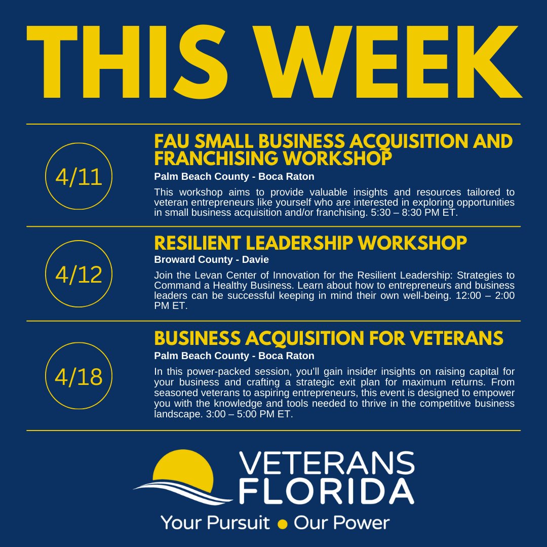 Check out this #WeeklyRoundup of events for veterans and servicemembers in the Sunshine State! Find more info and links to register at veteransflorida.org/upcoming/