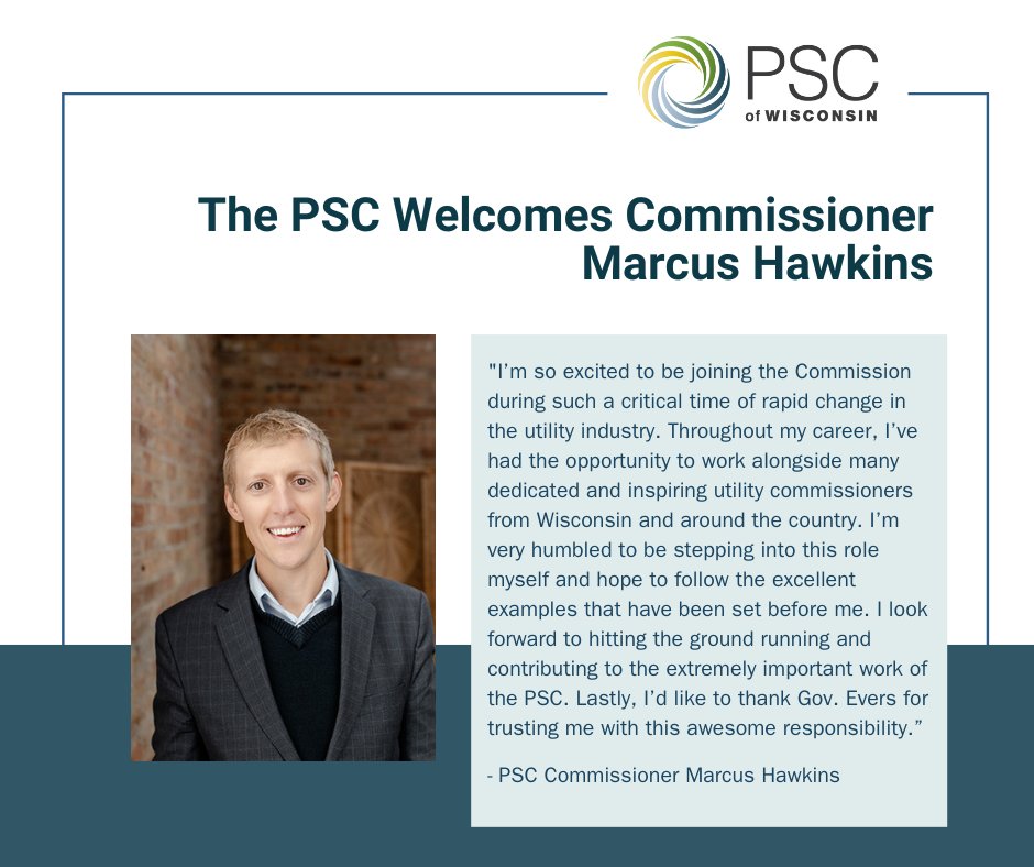 Today, the PSC welcomes Marcus Hawkins as the newest Commissioner. Marcus was appointed by @GovEvers to the Commission after years of service with the Organization of MISO States, and previously the PSC.