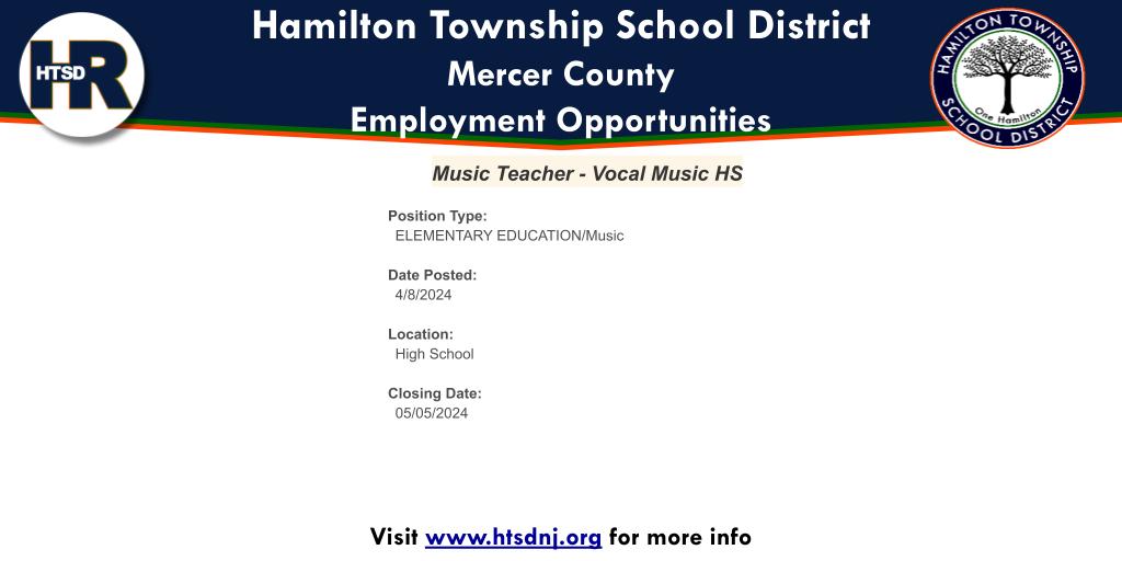 Online Employment Application | Open Positions: Music Teacher - Vocal Music HS applitrack.com/hamilton/onlin…