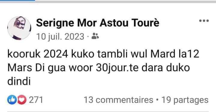 ALERTE Info : Serigne Mor Astou Tourè est un jeune savant de la ville sainte de Touba , qui n'a rien à envié aux savants du monde entier surtout des pays arabes. Il s'appelle Serigne Mor Asta Touré Mor de Touba, chercheur et spécialiste en astronomie, déclare qu'entre 1997 et…