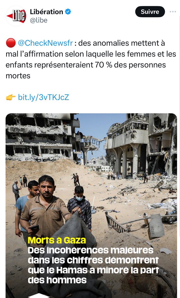 📊El 29 de febrero, el diario de izquierda Libération publicaba en portada que había 30.000 muertos en Gaza, en su gran mayoría mujeres y niños. Hoy, 8 de abril, reconoce que esas cifras, también citadas por la ONU, son inverosímiles y manipuladas: liberation.fr/checknews/gaza…