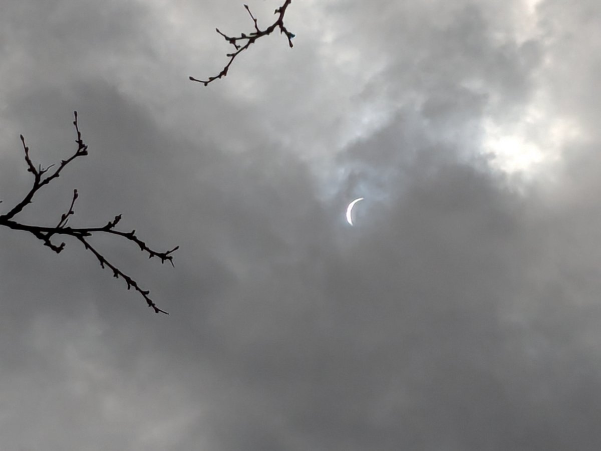 The great North American total solar eclipse 2024. A glimmer from my front yard despite a cloudy sky. #TotalSolarEclipse2024
