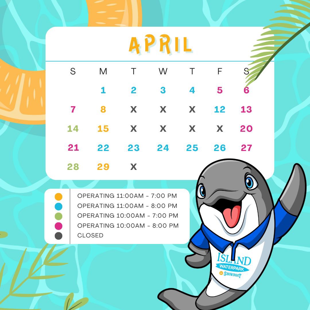 New month, new adventures! Check out our April calendar and start planning your getaway at Island Waterpark! #ACIslandWaterpark #ShowboatExperience #ShowboatHotel #April #IndoorWaterpark #AtlanticCity #FunForAll