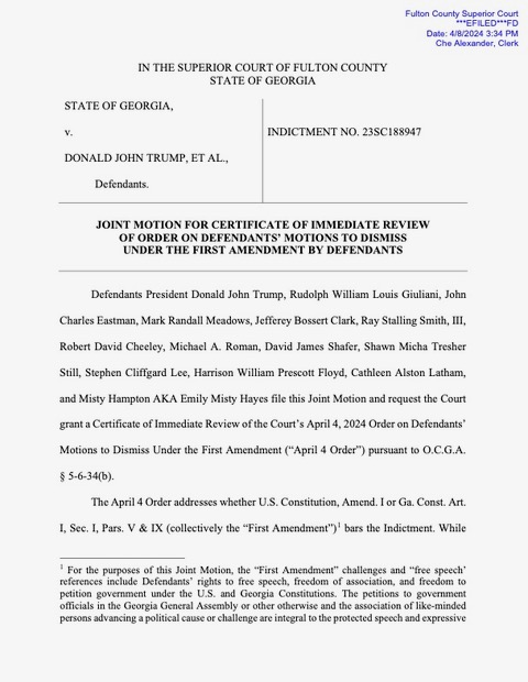 My statement as lead defense counsel for President Trump in the Fulton County, GA case: “President Trump and the other unjustly accused defendants have jointly filed a motion requesting the Court to grant a certificate of immediate review of its Order denying their pretrial…