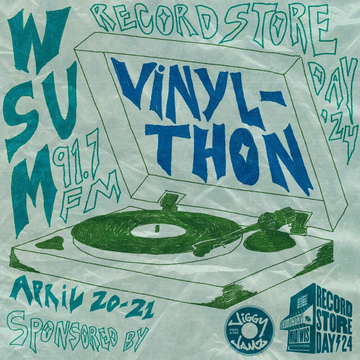 VINYLTHON IS BACK!!!!! Join us April 20th and 21st for 48hours straight of all vinyl programming! Tune in at 91.7 FM Madison or at WSUM.org. Special thanks to Strictly Discs and Jiggy Jamz for their support of WSUM's Vinylthon.