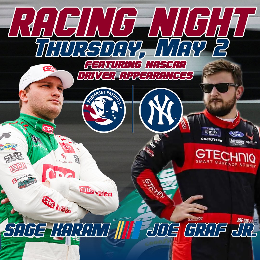 JUST ADDED: @NASCAR_Xfinity driver @Joegrafjr will join @SageKaram for a meet & greet on Racing Night at TD Bank Ballpark, Thursday May 2nd!🏁 🎟 | bit.ly/4a2bkTZ