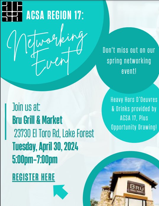 Attention Region 17- we are heading down to South County for our Region 17 Spring Networking event on April 30, 2024 at Bru Grill & Market (23730 El Toro Road) in Lake Forest from 5:00PM to 7:00PM. Please register HERE: acsa17.com/apps/form/form…