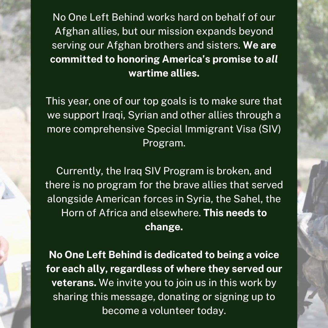 Our commitment to all of America's allies drives our mission to serve today and until every last promise is fulfilled. JOIN US: nooneleft.org