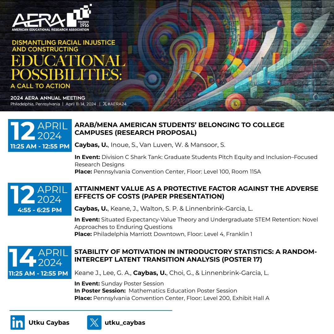 Utku Caybas (@utku_caybas) on Twitter photo Now that we're entering AERA week, here is my schedule! On Friday morning, our team will present our research proposal at the Shark Tank. Later on Friday, I'll present my practicum project in the SEVT session. Looking forward to seeing everyone in Philly! #AERA24 Now that we're entering AERA week, here is my schedule! On Friday morning, our team will present our research proposal at the Shark Tank. Later on Friday, I'll present my practicum project in the SEVT session. Looking forward to seeing everyone in Philly! #AERA24