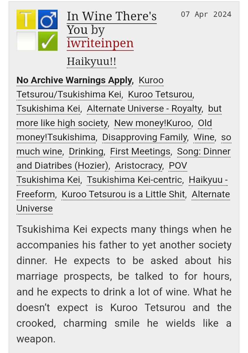 New fic!🍷 It's been awhile but here's a KuruTsukki fic I've been working on for some time🍷
I hope you'll like it 🍷
archiveofourown.org/works/55028017