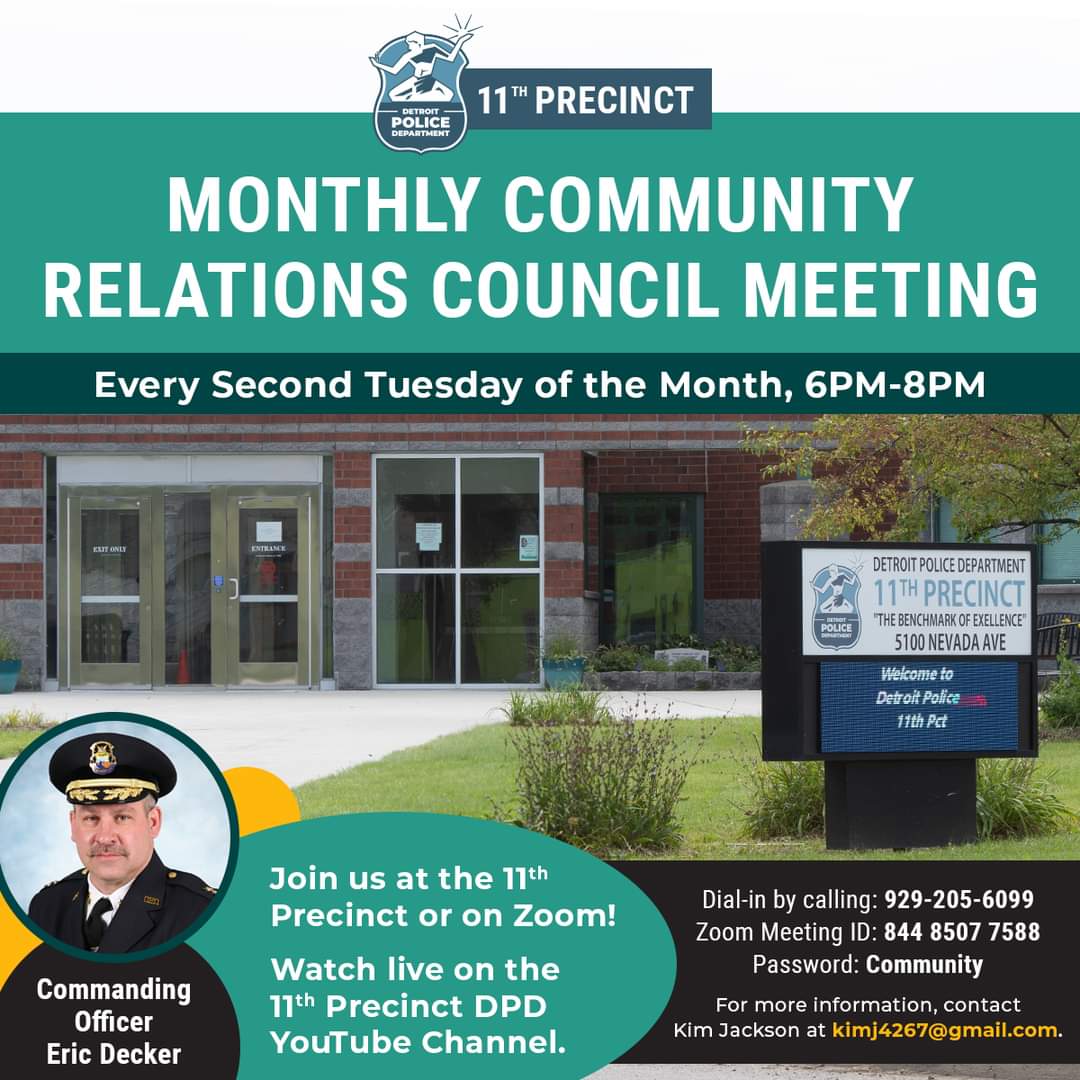 The DPD 11th Precinct Police/Community Relations Council meeting will be held on Tuesday, April 9th, from 6 PM - 8 PM, In person at the 11th Precinct, located at 5100 E. Nevada or via zoom bit.ly/11thPctCommuni… Meeting ID: 844 8507 7588 Passcode: Community