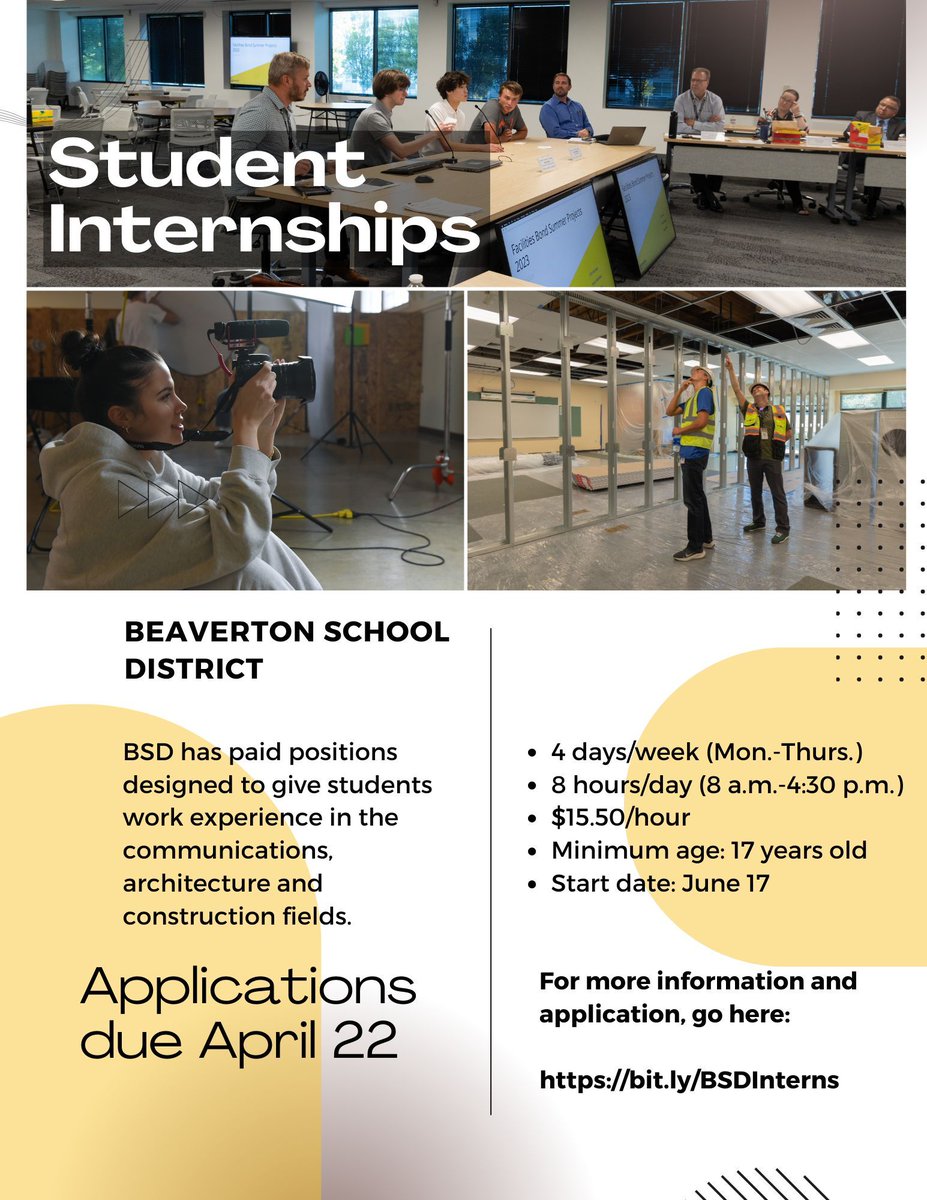 Is your high school student interested in the communications, architecture or construction fields? The Beaverton School District is looking for interns to work on projects, such as the rebuild of Beaverton High School. For more details and to apply, visit: bit.ly/BSDInterns