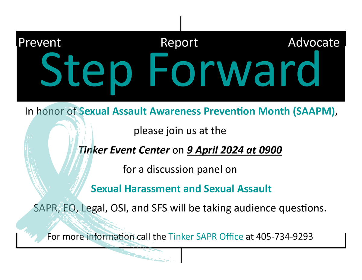 The Tinker SAPR Office will be holding a discussion panel on sexual harassment and sexual assault Tuesday, April 9 at 9 a.m. at the Tinker Event Center. A livestream will also be available on the Tinker Facebook page.