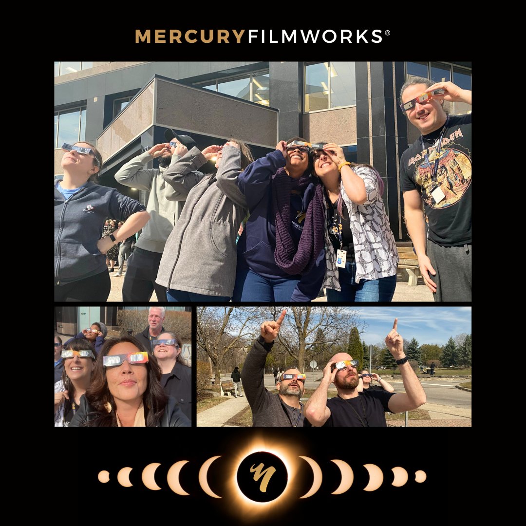 We gather outside the studio to watch the sun's total eclipse! We all were ready with our special glasses and got to live this celestial experience that won't happen again for two decades. 🌞🌝💫 #totaleclipse #eclipse #teamexperience #mercuryfilmworks #itallstartswithascribble