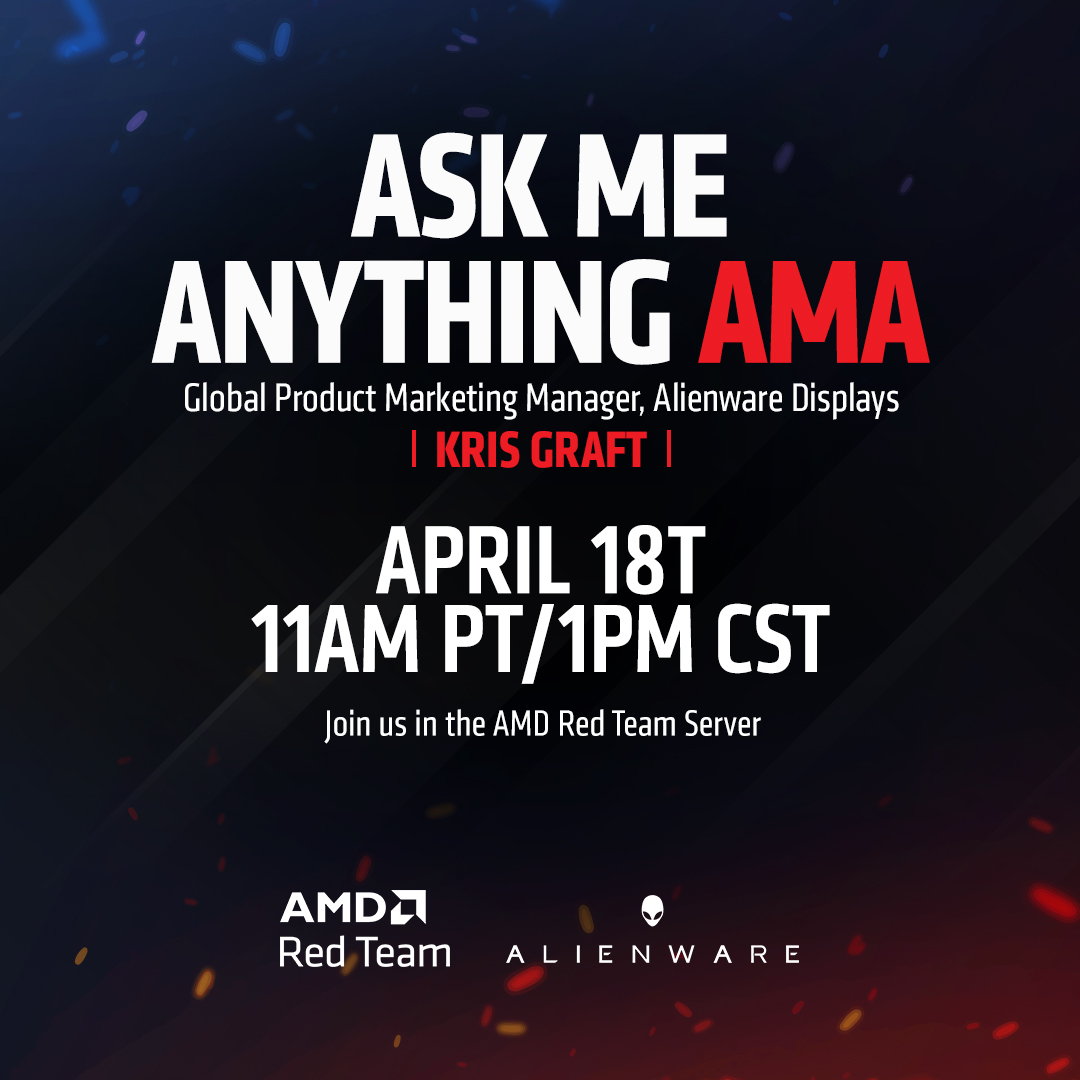 We're hosting an AMA in the AMD Red Team Discord Server with @Alienware on April 18! We'll be talking about their monitors including their latest QD-OLED Gaming Monitor. Tune in here: bit.ly/49CBD3h