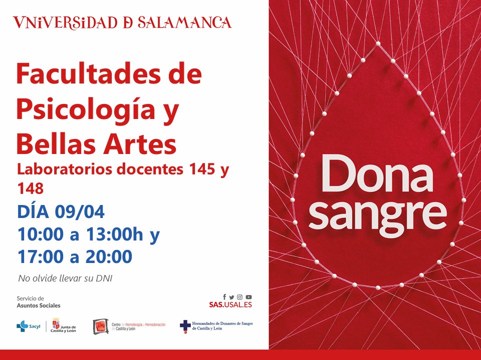 🩸Continúa la campaña de donación de sangre del mes de abril en la Universidad de Salamanca.

🕘De 10:00 a 13:00h y de 17:00 a 20:00h
📍<a href="/PsicologiaUSAL/">Psicología USAL</a> y <a href="/BellasArtesUsal/">Facultad Bellas Artes USAL</a> 

👉sas.usal.es/donacion-de-sa… <a href="/sas_usal/">Servicio de Asuntos Sociales USAL</a>

Puntos fijos de donación: sas.usal.es/hazte-donante