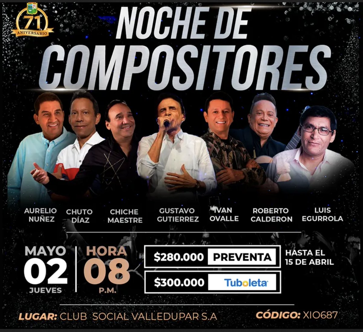 El Club Valledupar ya te está esperando para la #NocheDeCompositores 🪗 ¡Imperdible! 🎟 tuboleta.com 🗓 2 de mayo ⚫ Código Pulep XIO687 📍 Valledupar