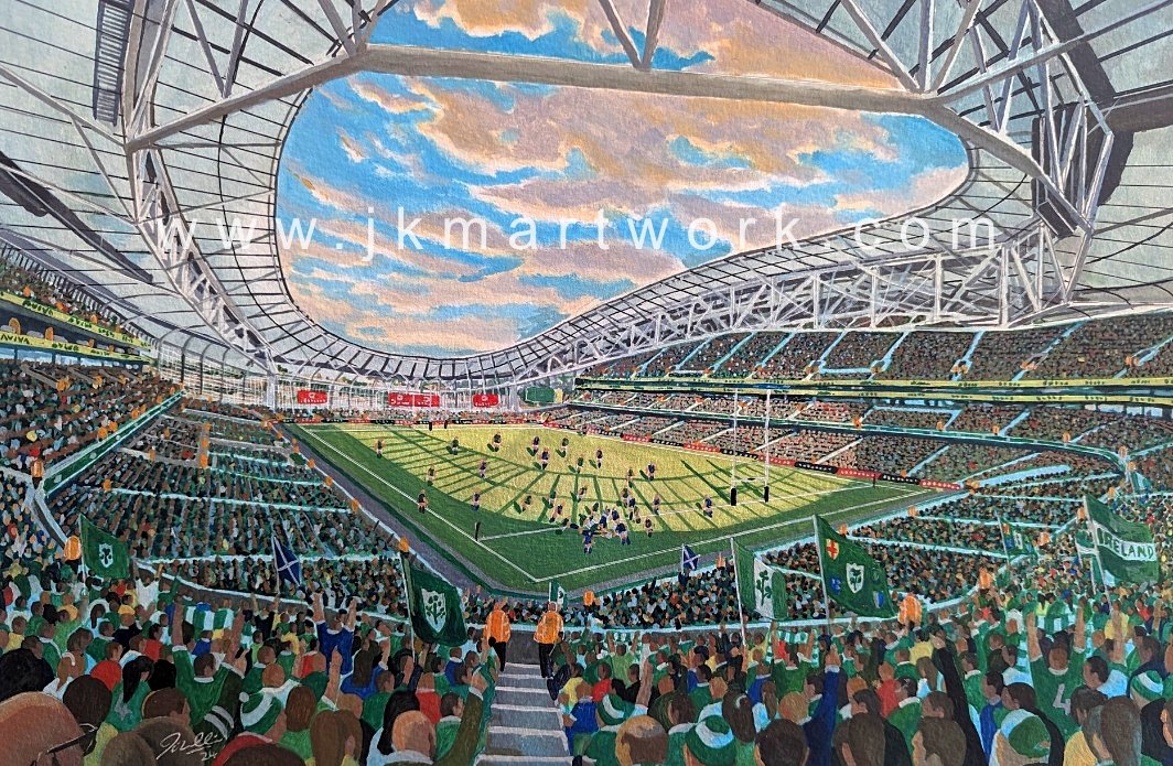 hi @happyeggshaped @IrishRugby @rugbyunited @RugbyIre painting ive finished today of #ireland #rugby #avivastadium #6nationschampions ,prints available £20 inc p&p @ jkmartwork.com RT's appreciated