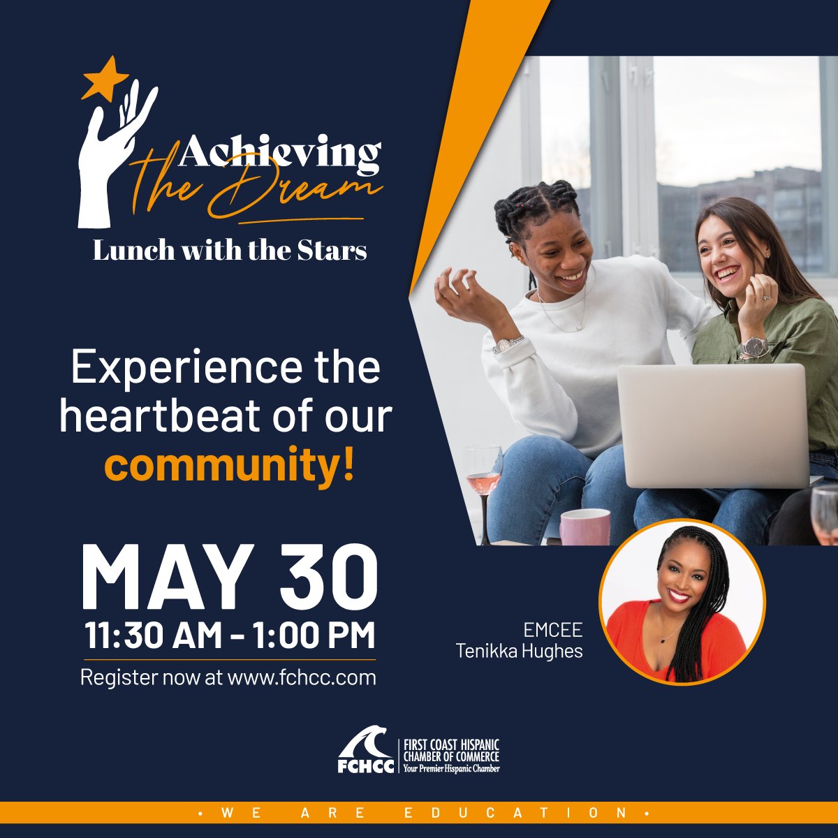 🎓 Join us for a fiesta of achievement! At our Achieving the Dream 2024 Lunch with the Stars! ⭐ we'll dance, dine, and celebrate the resilience and promise of our #Hispanic students. Special guest speaker Tenikka Smith Hughes @TenikkaANjax - tickes now bit.ly/3PAUOlU