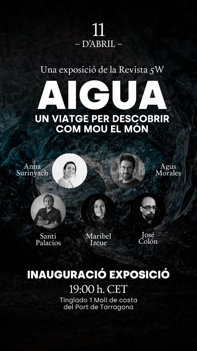 Dijous 11 d'abril a les 19h inauguració a Tarragona 👇🏽👇🏽. Una exposició de <a href="/revista5W/">Revista 5W</a> amb <a href="/SantiPalacios/">Santi Palacios</a> <a href="/Izcue/">Maribel Izcue</a> <a href="/agusmoralespuga/">Agus Morales</a> <a href="/esedonaire/">Santi Donaire</a> <a href="/JColonToscano/">José Colón</a> @SolmazDaryani y Sanne Derks. La foto de portada de <a href="/fernandomoleres/">fernando_moleres</a>. Al Tinglado 1 del <a href="/MolldeCosta/">Moll de Costa - Port de Tarragona</a> al port de Tarragona.