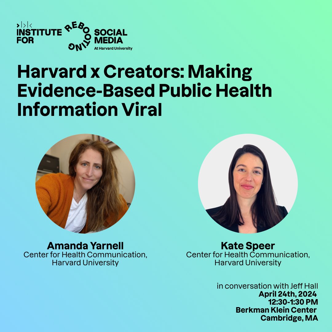 New Speaker Series event @BKCHarvard! RSM’s Jeff Hall joins @amandayarnell and Kate Speer from @HarvardChanCHC to discuss the center’s efforts to improve the quality of health information online. Learn more + RSVP here: rebootingsocialmedia.org/events/harvard…