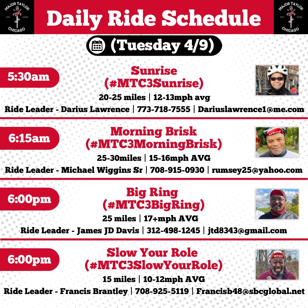 🚨🚨Daily Rides Schedule 4/9🚨🚨 We look forward to seeing you! @everyone Sunrise Details: majortaylorchicago.com/event/mtc3-sun… Morning Brisk Details: majortaylorchicago.com/event/morning-… Big Ring Details: majortaylorchicago.com/event/big-ring… Slow Your Role Details: majortaylorchicago.com/event/slow-you…