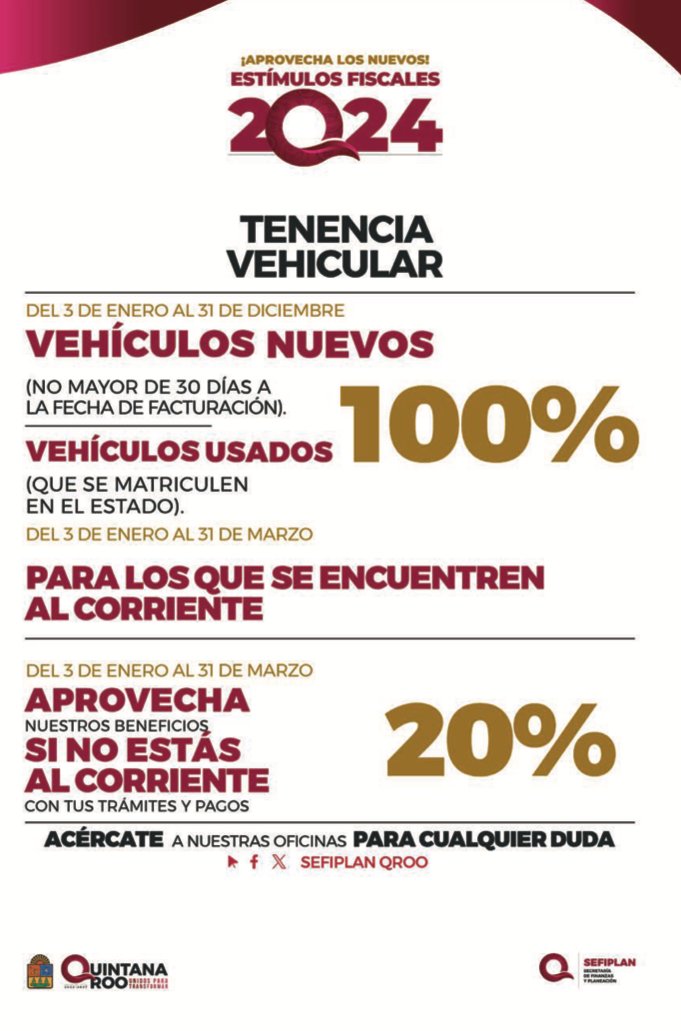 🚗 ¡Estímulos Fiscales 2024! 📅

Aprovecha los beneficios en Tenencia Vehicular. Acércate a nuestras oficinas para cualquier duda o consulta. SEFIPLAN QROO está aquí para ayudarte. 💼 

#EstímulosFiscales #TenenciaVehicular 🛣️🔍