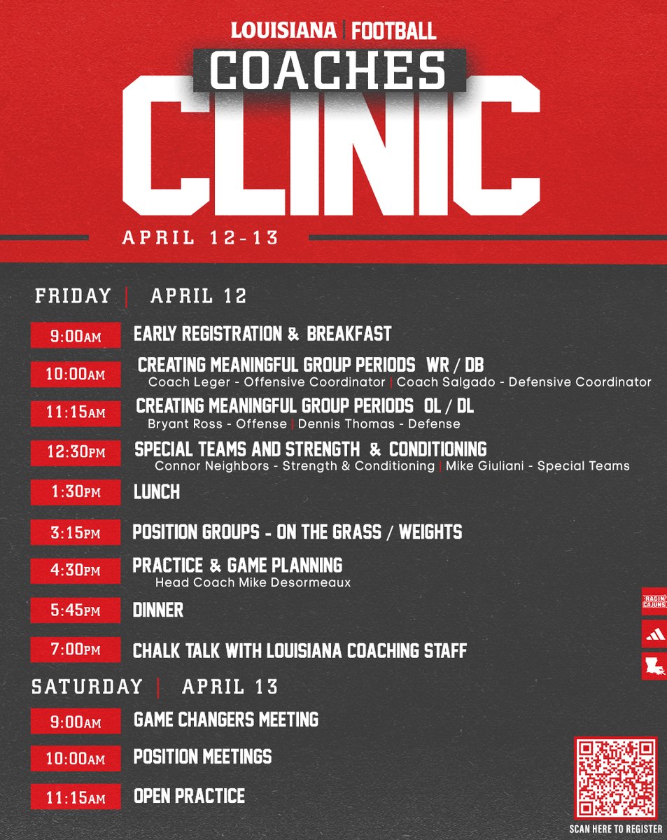 The Louisiana Football Coaches Clinic will take place this Friday and Saturday! Scan the QR code or visit ragncaj.co/clinic24 for more information and to register! #cULture | #GeauxCajuns