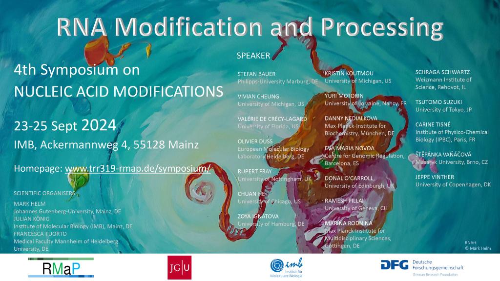 📢 Registration open for the 'RNA Modification and Processing' conference! Register here: trr319-rmap.de/symposium/ Organised & funded by: @ItsRMaP1, @AttheHelm3, @francescatuorto, @koenig_lab, @dfg_public, @imbmainz